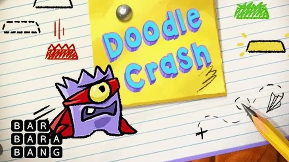 Interface visual do jogo Doodle Crash com estilo de desenho animado