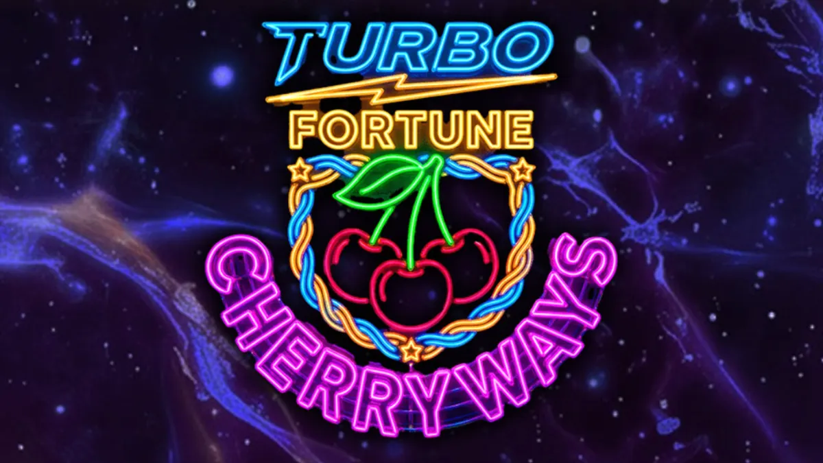 Interface vibrante e neon do jogo Turbo Fortune Cherryways com símbolos de frutas futuristas.